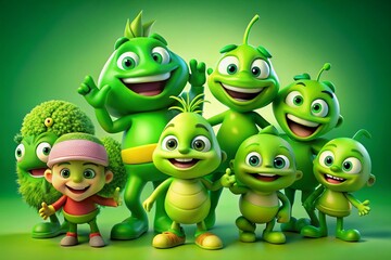 Fototapeta premium Colorful Cartoon Green Characters in Playful Poses Against a Bright Background for Fun Illustrations