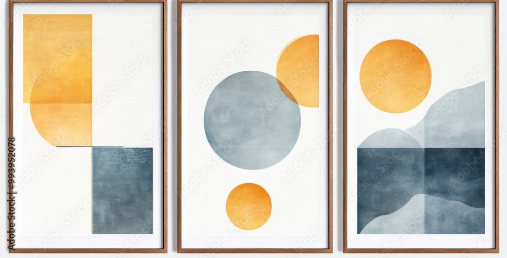 Poster set of 3 vertical framed prints showcasing abstract compositions with blue and yellow geometric shap