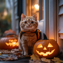 Halloween background with pumpkin with cat