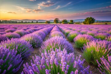 Fototapeta premium Lavender field at sunset with vibrant purple flowers and golden sky
