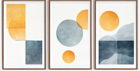 Set of 3 vertical framed prints showcasing abstract compositions with blue and yellow geometric shapes against a white background. 
