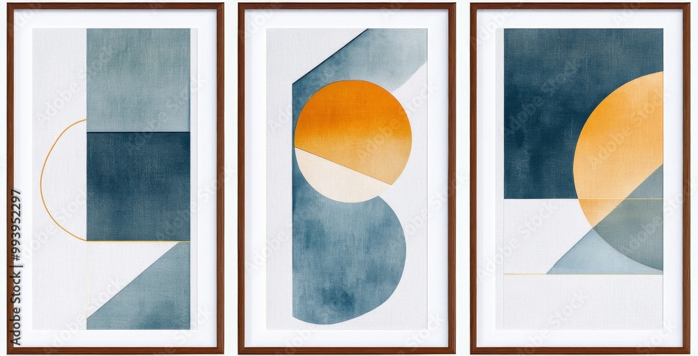 Poster set of 3 vertical framed prints showcasing abstract compositions with blue and yellow geometric shap