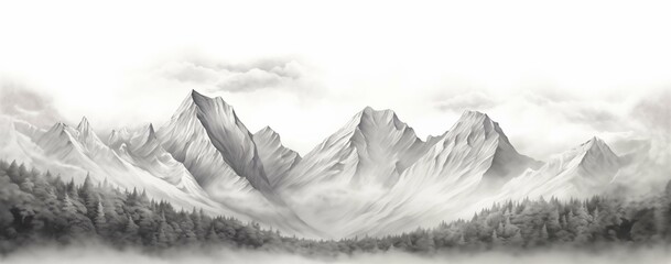 A black and white illustration depicting fog-covered mountains, creating a serene and mysterious atmosphere.
