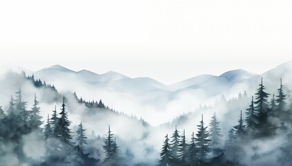 Watercolor painting depicting misty mountains and trees, creating a serene and atmospheric landscape scene.