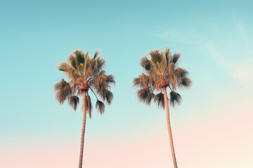 Two tall palm trees rise against a vibrant blue sky, embodying a peaceful tropical scene.