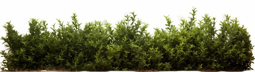 Lush green leaves of a bush displayed on a stark white background, emphasizing the contrast and freshness of nature.
