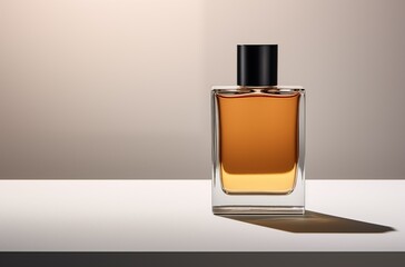 A bottle of perfume elegantly placed on a polished table, showcasing its refined design and captivating fragrance.