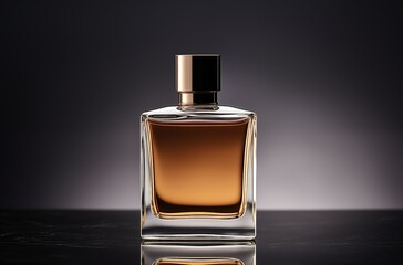 A beautifully designed perfume bottle resting on a table, showcasing its intricate details and luxurious appeal.