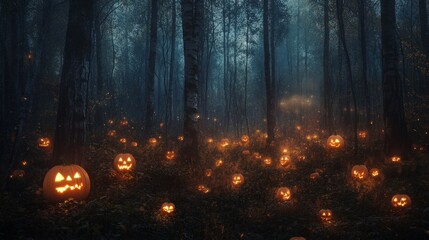 Spooky Halloween scavenger hunt through an American park eerie clues hidden behind glowing pumpkins
