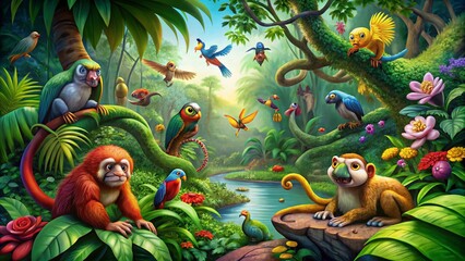 Colorful Cartoon Rainforest Animals Including Monkeys, Parrots, Snakes, and More in Lush Greenery