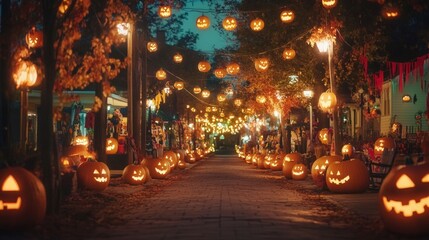 Spooky Halloween street fair in an American suburb eerie crafts and decorations
