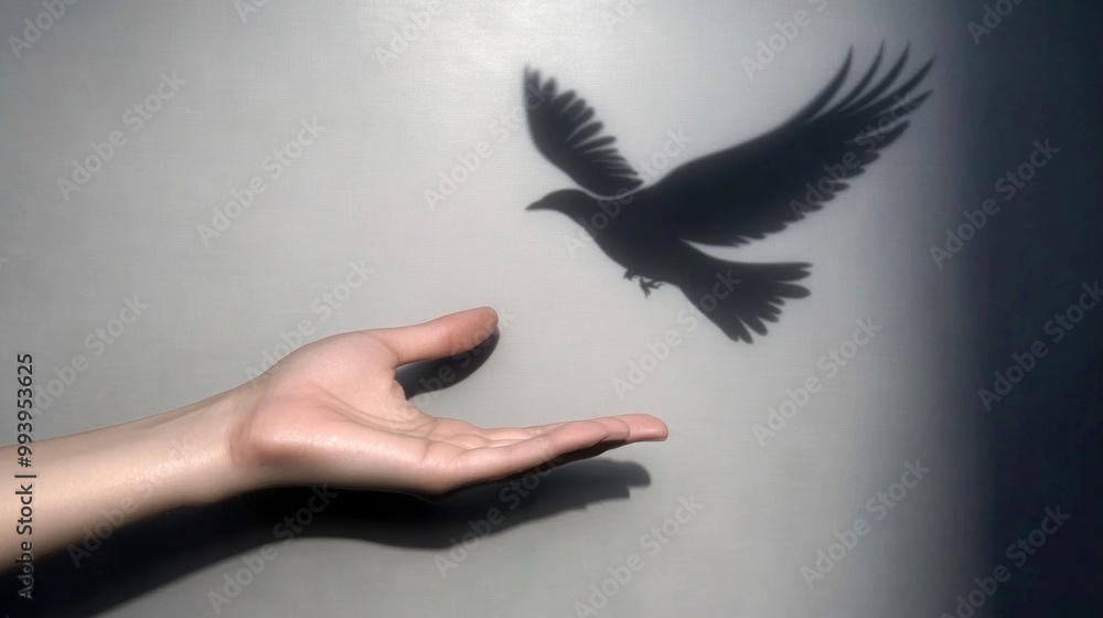 Poster minimalist shadow art hand and bird silhouette creating a soothing visual effect