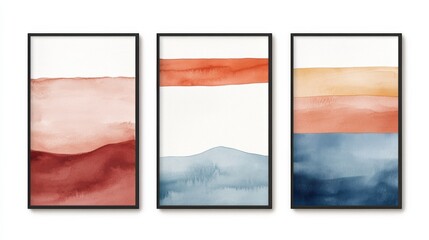 Set of 3 vertical minimalist posters featuring watercolor designs in red, blue, and orange on a white background