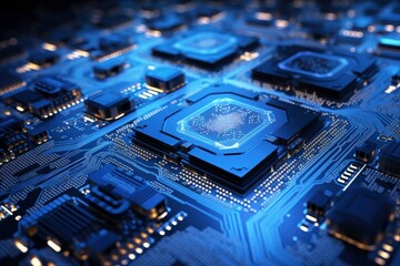 Blue circuit board with connecting lines and dots suitable for tech themed designs, engineering concepts, computers, electronics, innovation, and digital backgrounds. Generative AI