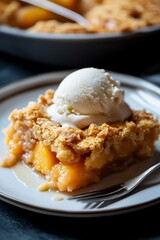 A Close-Up of a Slice of Peach Cobbler with a Scoop of Vanilla Ice Cream.