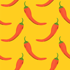 Bright red chili peppers on a vibrant yellow background create a lively pattern design