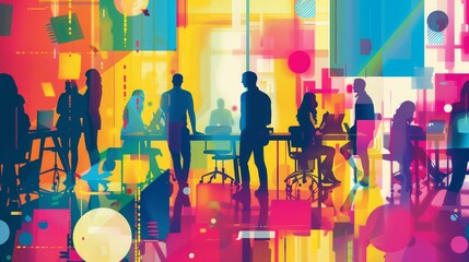An abstract color painting of people working in an office