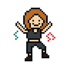 Fototapeta premium Cute cartoon pixel character woman exercises training dance lifestyle music decoration life style 8 bit female girl lady dance with music game fitness isolated PNG vector.