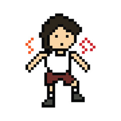 Cartoon cute pixel character man exercises training dance lifestyle music decoration life style 8 bit male boy dance with music game fitness isolated PNG vector.