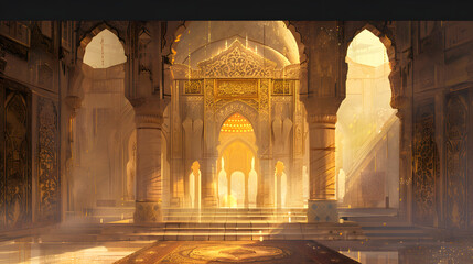 Naklejka premium A majestic, illuminated hall with intricate architecture, golden accents, and warm light creating a serene and enchanting atmosphere.