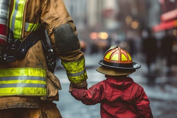 dirty and muddy firefighter holding hand of little child, representing courage and protection