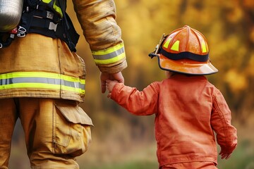 dirty and muddy firefighter holding hand of little child, representing courage and protection