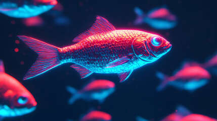A digital fish farm in the middle of the ocean with holographic screens monitoring fish health