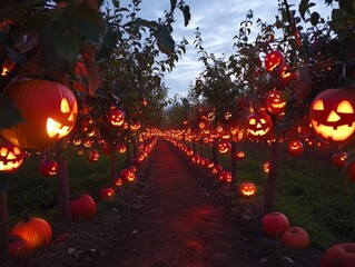 Spooky Halloween walk through a haunted American orchard eerie apples hanging from ghostly trees