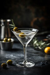 Classic Martini Cocktail with Olives and Rosemary Garnish.