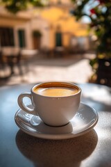 Fototapeta premium Close-up of a steaming cup of espresso on a table with a blurry background of a cafe terrace.