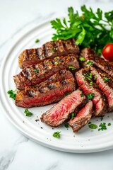 Grilled Steak Slices with Fresh Herbs on White Plate – High-Quality Food