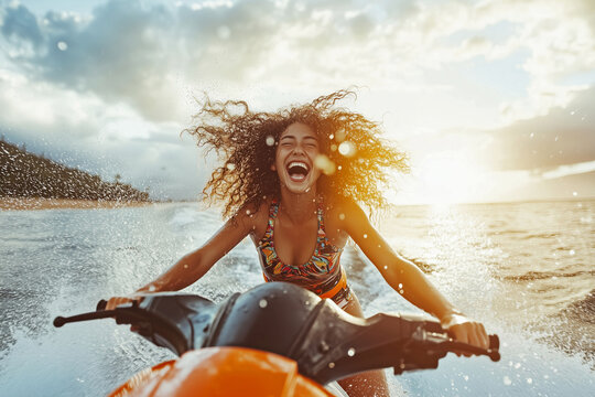 Cheerful woman is riding a jet ski on the sea with delight.