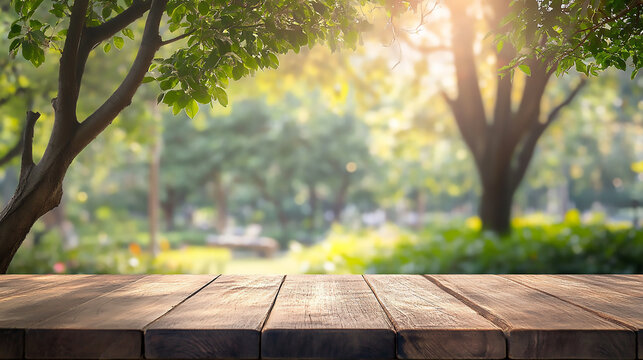 Blank wooden table on green summer park background banner
