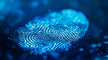 Cyber security concept. close up view of digital fingerprint showcasing intricate patterns and vibrant blue hues, symbolizing biometric authentication technology and security. Cybersecurity,