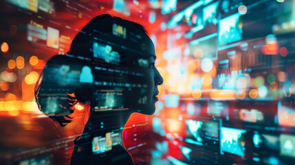 image captures essence of digital transformation, showcasing silhouette of woman against backdrop of vibrant digital screens and data streams, symbolizing innovation and technology