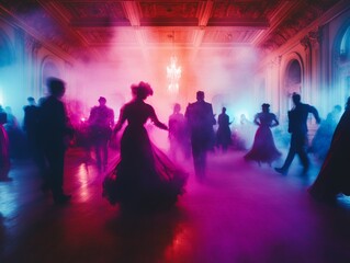 Spooky Halloween-themed dance party in an old American ballroom people in creepy costumes