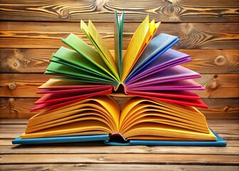 Naklejka premium Colorful Collection of Open Books on a Wooden Surface for Educational and Creative Projects