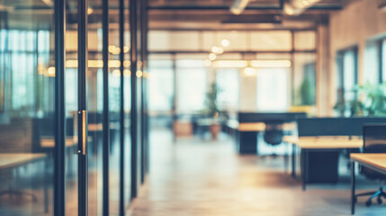 Modern office interior with glass walls and desks in a bright open space for business professionals