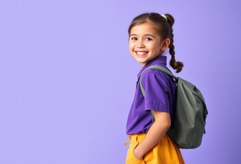 Smiling Young Girl With Purple Shirt and Backpack