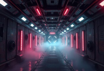 Futuristic Spaceship Corridor with Red and Blue Lighting