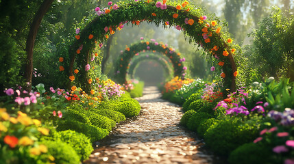Beautiful flower archway in a vibrant garden path
