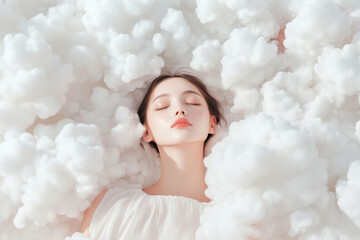 Woman lies among fluffy white clouds. Calm dreamy emotions