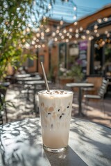Iced Coffee with a Metal Straw on a Table in a Sunny Cafe.