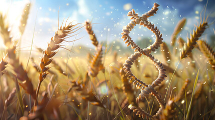 image beautifully illustrates connection between biotechnology and agriculture, showcasing DNA strand intertwined with golden wheat. This symbolizes advancements in genetic engineering that enhance
