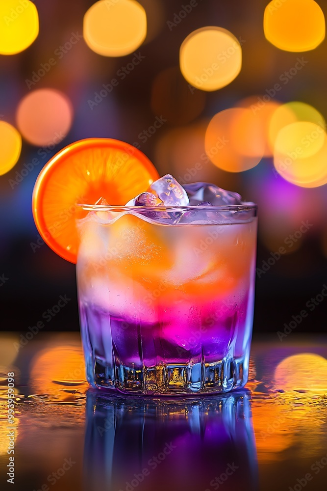 Wall mural Orange and Purple Cocktail with Ice in a Glass on a Bar Counter.