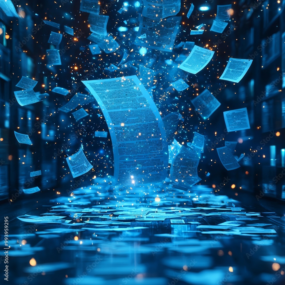Poster digital innovation with floating documents and light effects