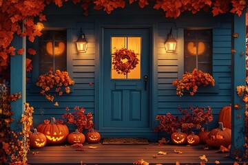 Obraz premium Halloween party background, full moon night illustration, Halloween pumpkin ghost, abandoned house, cemetery, bat, scary tree and Halloween elements Scary website Banner template Vector illustration