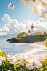 Lighthouse stands on a cliff by a tropical beach, framed by blooming flowers