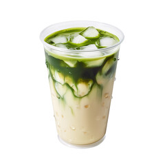 A tall plastic to go or takeaway cup mock up filled with a creamy iced matcha latte and ice cubes, set against transparent background. Perfect for illustrating refreshing beverages and tea concepts.