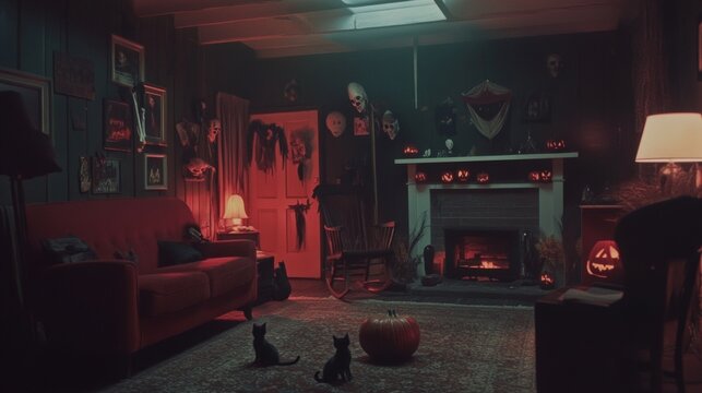 Vintage Halloween party in 1950s America eerie decorations